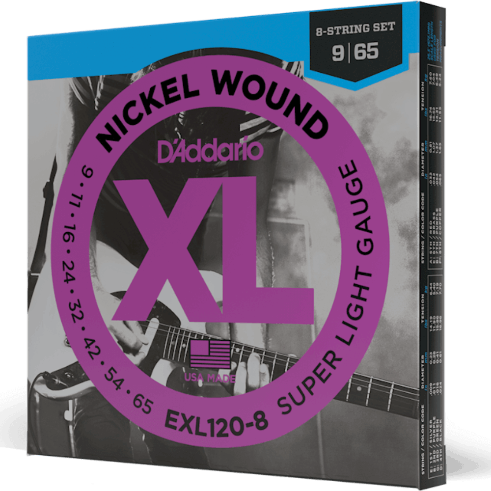 D'Addario EXL120 8 Nickel Wound 8 String Electric Guitar Strings Super Light 9-65 Gauge