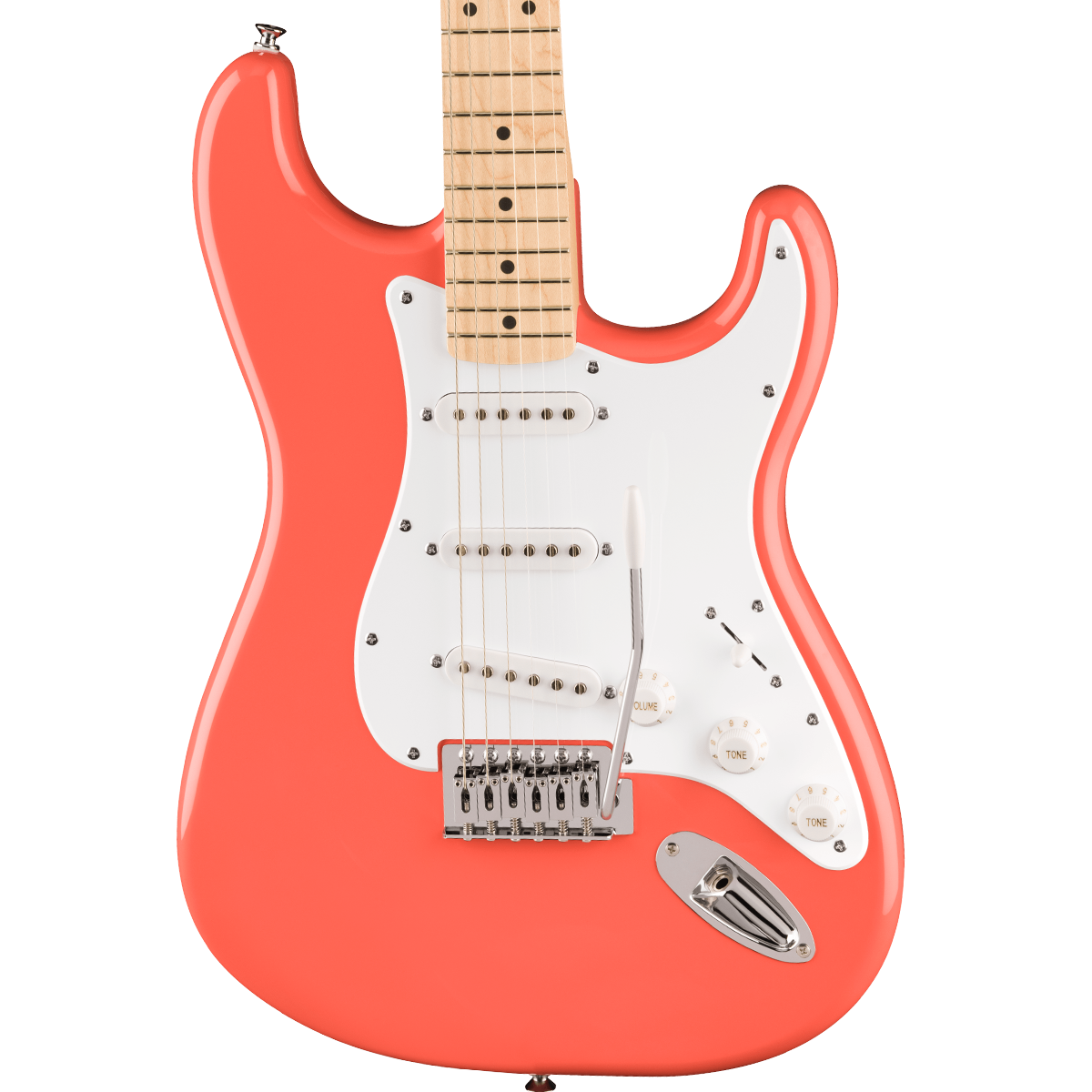 Squier FSR Squier Sonic Stratocaster, Maple Fingerboard, White Pickguard in Tahitian Coral