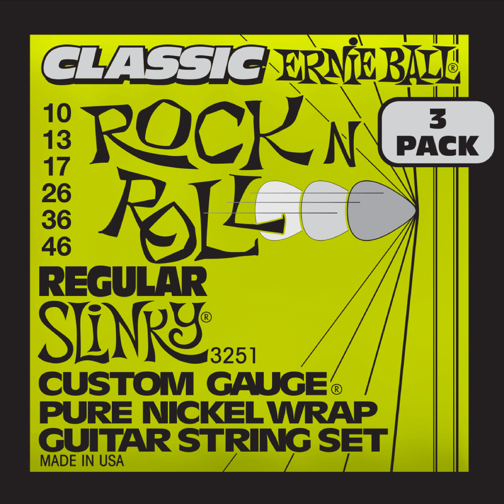 Ernie Ball Regular Slinky Classic RnR Pure Nickel Electric Guitar Strings 3 Pk 10-46 Gauge