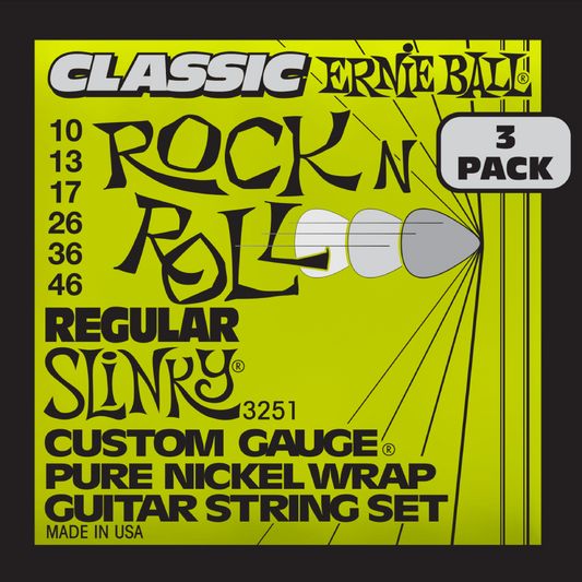 Ernie Ball Regular Slinky Classic RnR Pure Nickel Electric Guitar Strings 3 Pk 10-46 Gauge