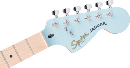Squier FSR Affinity Series Jaguar, Maple Fingerboard, White Pickguard, Matching Headstock in Daphne Blue