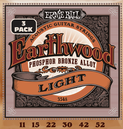Ernie Ball Earthwood Light Phosphor Bronze Acoustic Guitar Strings 3 Pk 11-52 Gauge