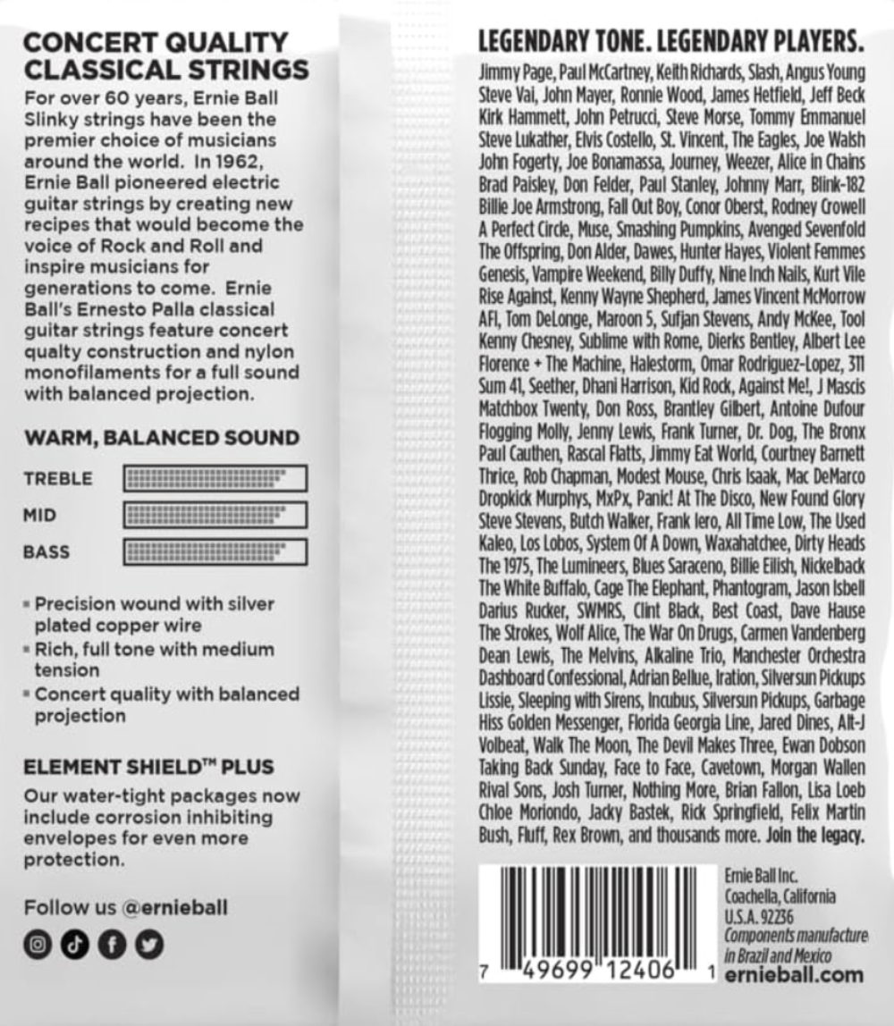 Ernie Ball 2406 Ernesto Palla Black & Silver Nylon Classical Guitar Strings 28-42 Gauge