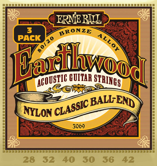 Ernie Ball Earthwood Folk Nylon Clear and Gold 80/20 Bronze Acoustic Guitar Strings 3 Pk 28-42 Gauge