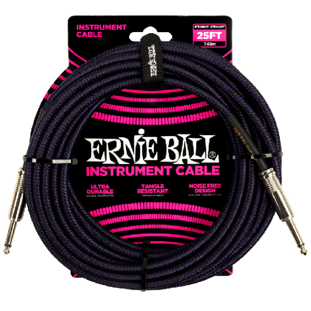 Ernie Ball 25ft Braided Straight to Straight Instrument Cable in Purple Black