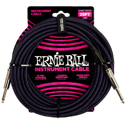 Ernie Ball 25ft Braided Straight to Straight Instrument Cable in Purple Black