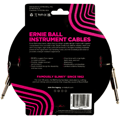 Ernie Ball 18ft Braided Straight to Straight Instrument Cable in Red Black