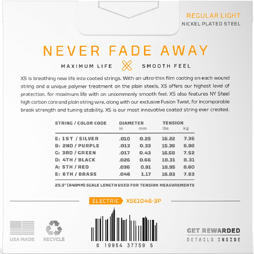 D'Addario XS Regular Light Coated Electric Guitar Strings 3 Pack 10-46 Gauge