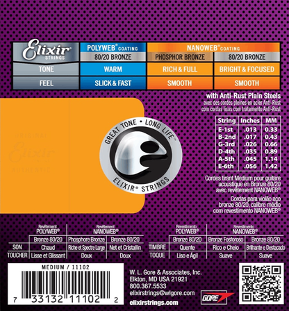 Elixir 11102 Nanoweb 80/20 Acoustic Guitar Strings Medium 13-56 Gauge