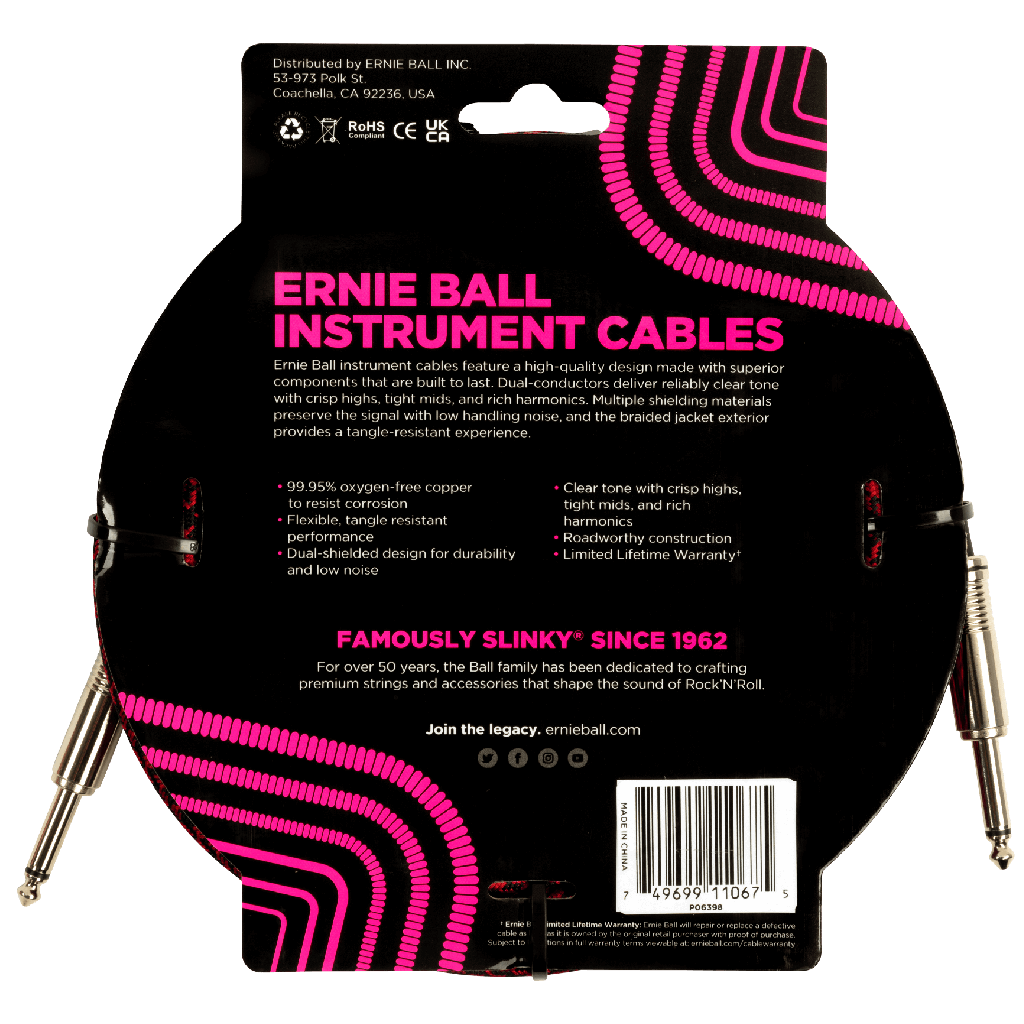 Ernie Ball 25ft Braided Straight to Straight Instrument Cable in Red Black