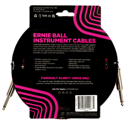 Ernie Ball 25ft Braided Straight to Straight Instrument Cable in Red Black