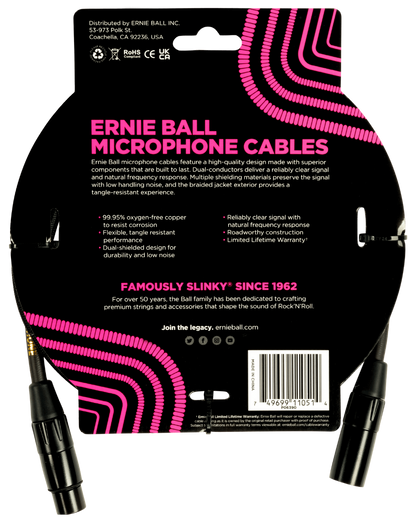 Ernie Ball 5ft Braided Male Female XLR Microphone Cable in Black