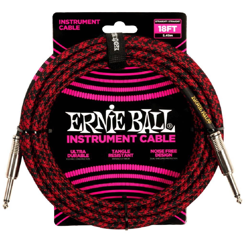 Ernie Ball 18ft Braided Straight to Straight Instrument Cable in Red Black