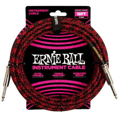 Ernie Ball 18ft Braided Straight to Straight Instrument Cable in Red Black
