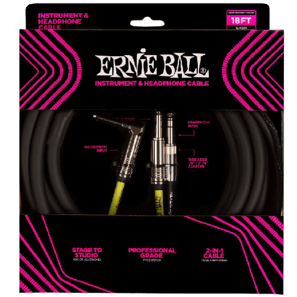 Ernie  Ball 18' Instrument & Headphone Cable in Black