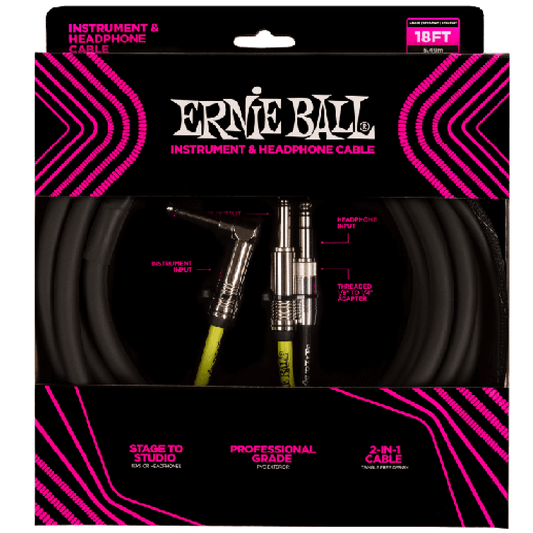 Ernie  Ball 18' Instrument & Headphone Cable in Black