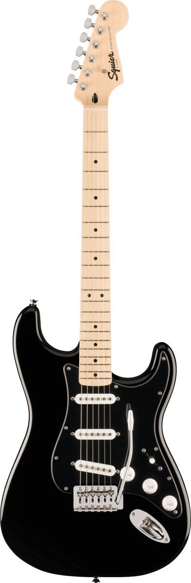 Squier FSR Squier Sonic Stratocaster, Maple Fingerboard, Black Pickguard in White Plastic Parts, Black