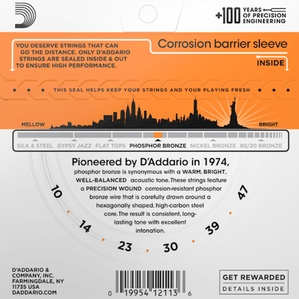 D'Addario EJ15 Phosphor Bronze Acoustic Guitar Strings Extra Light 10-47 Gauge