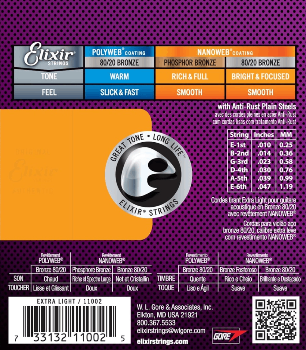 Elixir 11002 Nanoweb 80/20 Acoustic Guitar Strings Extra Light 10-47 Gauge