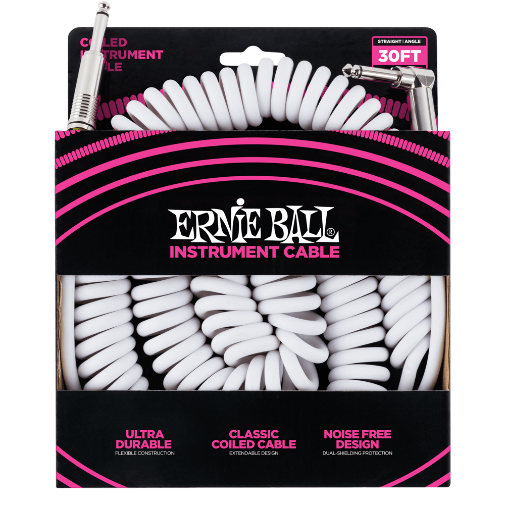 Ernie Ball P06045 Coiled Straight to Right Angle Instrument Cable 30 foot in White