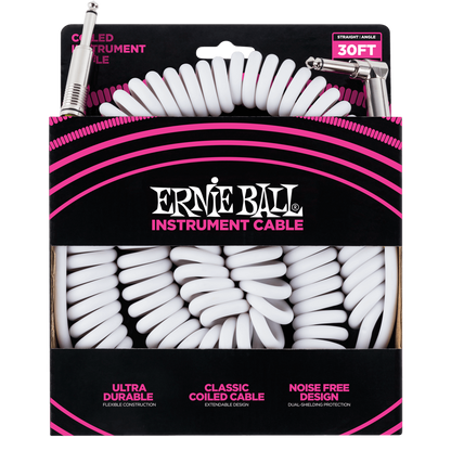 Ernie Ball P06045 Coiled Straight to Right Angle Instrument Cable 30 foot in White