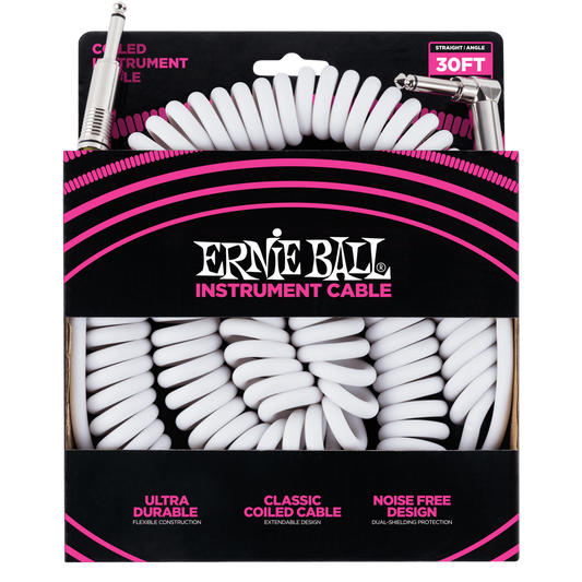 Ernie Ball P06045 Coiled Straight to Right Angle Instrument Cable 30 foot in White