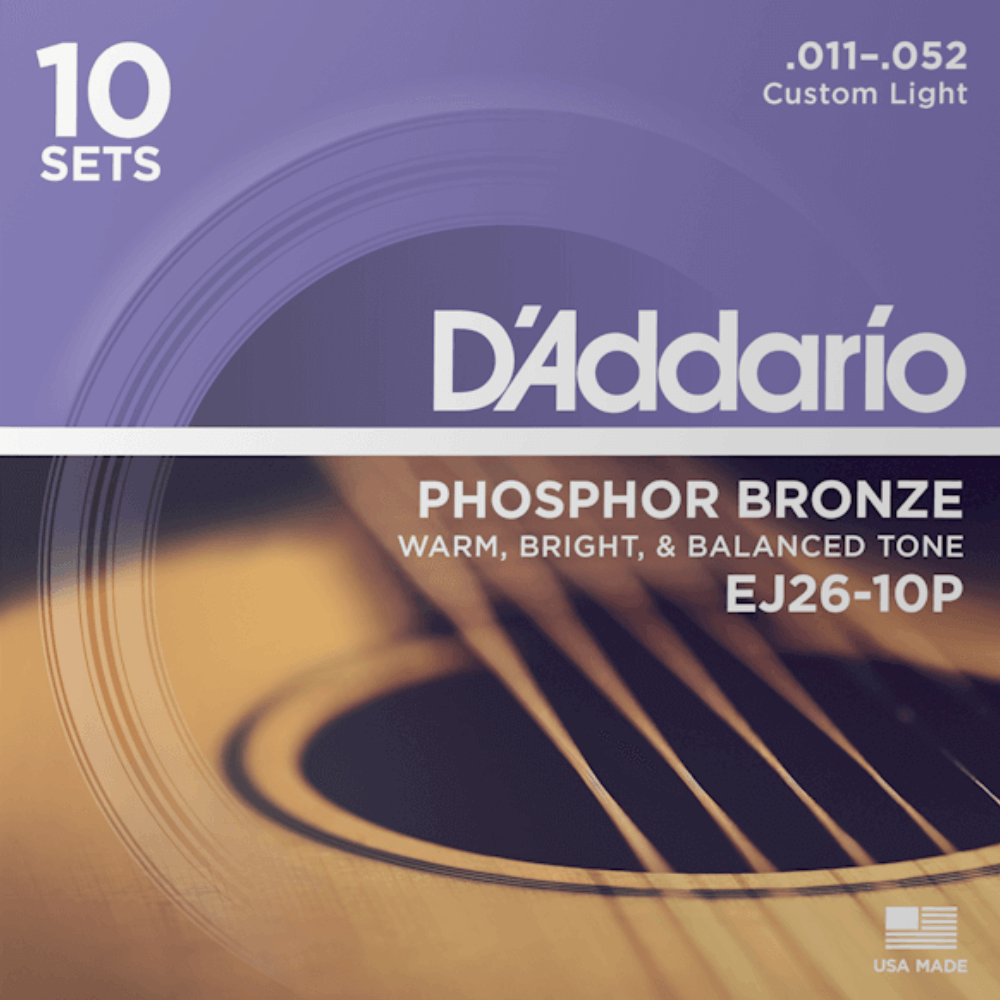 D'Addario EJ26 10P Phosphor Bronze 10 Sets Acoustic Guitar Strings Custom Light 11-52 Gauge