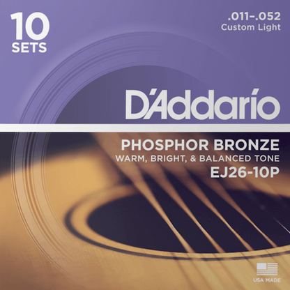 D'Addario EJ26 10P Phosphor Bronze 10 Sets Acoustic Guitar Strings Custom Light 11-52 Gauge