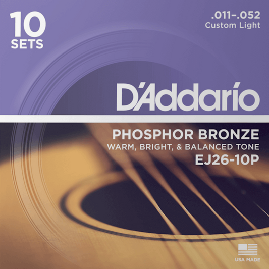 D'Addario EJ26 10P Phosphor Bronze 10 Sets Acoustic Guitar Strings Custom Light 11-52 Gauge