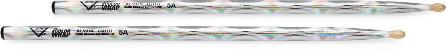 Vater Color Wrap 5A Wood Tip Hickory Drumsticks in Silver Optic (Pair)
