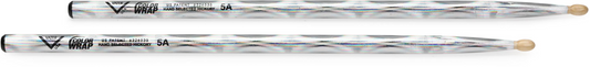 Vater Color Wrap 5A Wood Tip Hickory Drumsticks in Silver Optic (Pair)