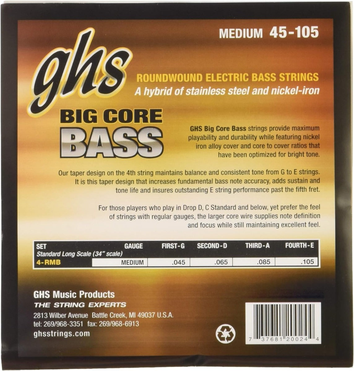 GHS 4-RMB Taper Core Bass Guitar String 45-105 Gauge