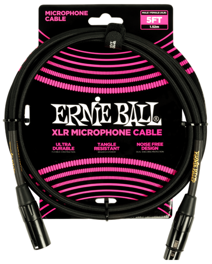 Ernie Ball 5ft Braided Male Female XLR Microphone Cable in Black