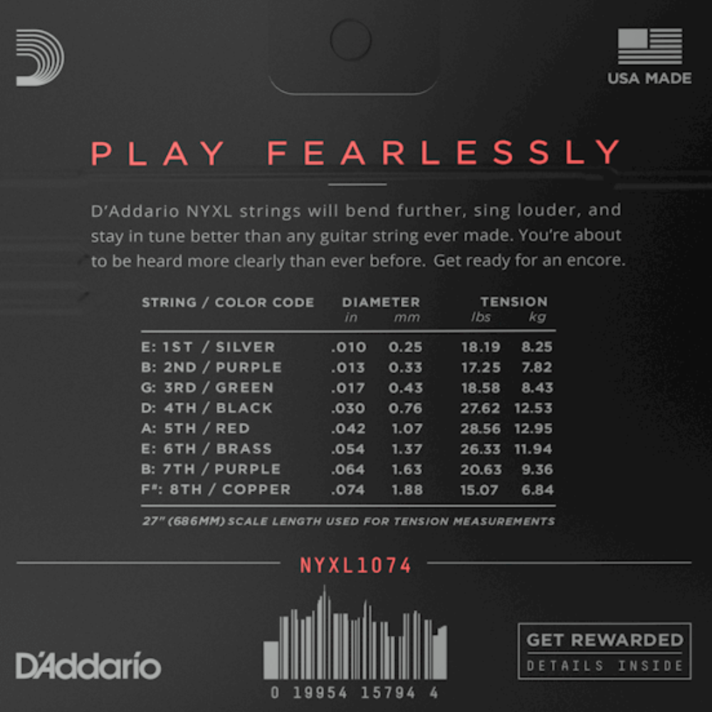 D'Addario NYXL1074 Nickel Wound 8 String Electric Guitar Strings Light Top Heavy Bottom 10-74 Gauge