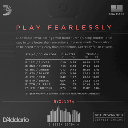 D'Addario NYXL1074 Nickel Wound 8 String Electric Guitar Strings Light Top Heavy Bottom 10-74 Gauge