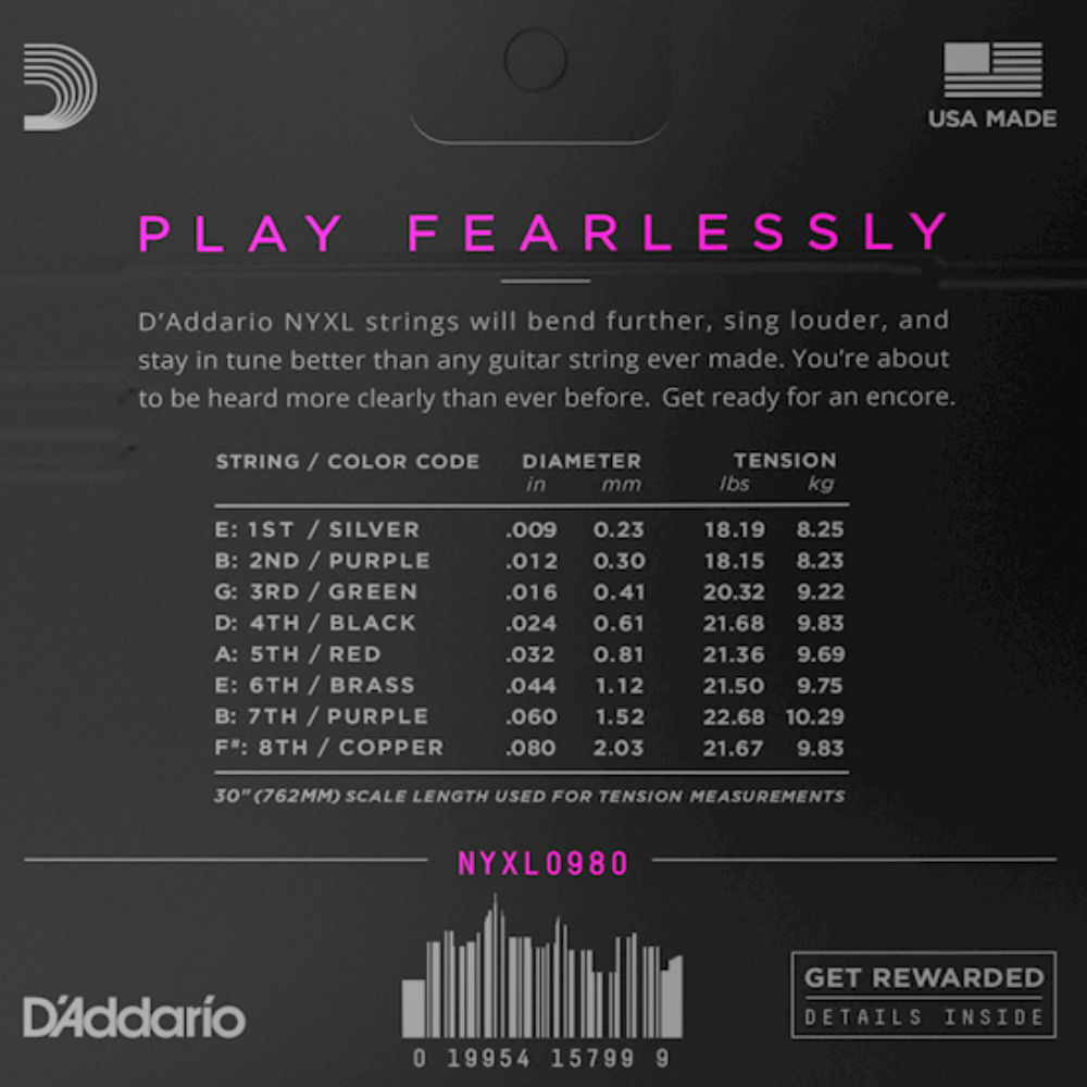 D'Addario NYXL0980 Nickel Wound 8 String Electric Guitar Strings Super Light 09-80 Gauge