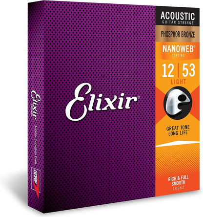 Elixir  16052 Nanoweb Phosphor Bronze Acoustic Guitar Strings Lite 12-53 Gauge