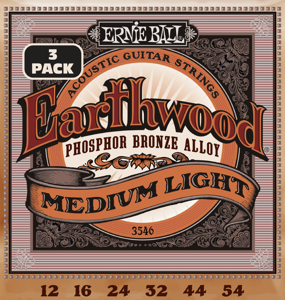 Ernie Ball Earthwood Medium Light Phosphor Bronze Acoustic Guitar Strings 3 Pk 12-54 Gauge