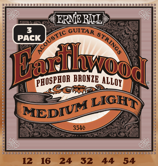 Ernie Ball Earthwood Medium Light Phosphor Bronze Acoustic Guitar Strings 3 Pk 12-54 Gauge