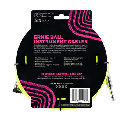 Ernie Ball Braided Straight to Angle Instrument Cable 10 foot in Neon Yellow