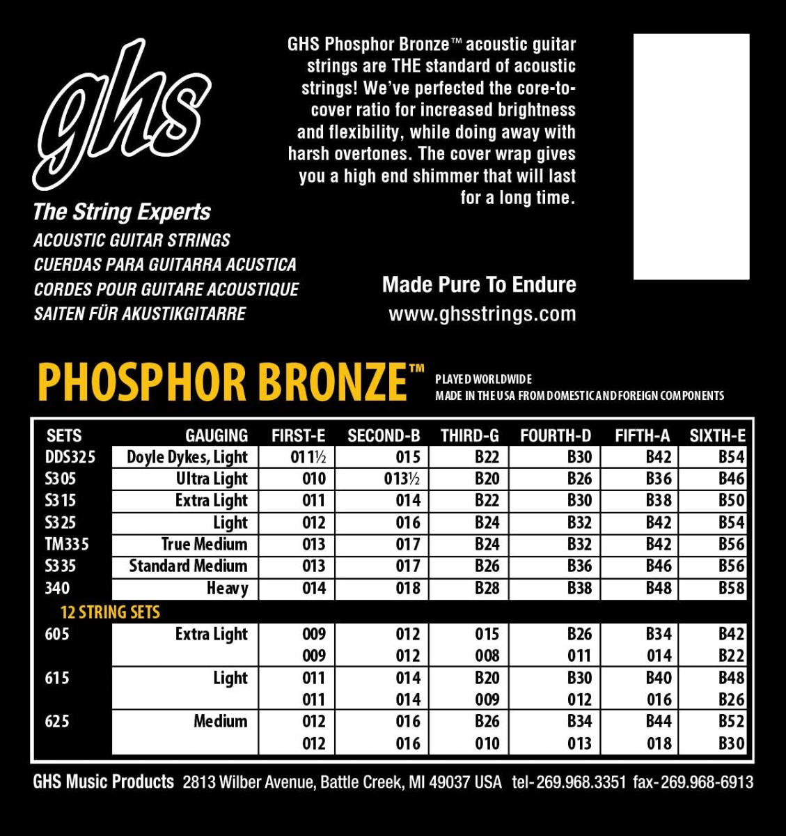 GHS 625 Phosphor Bronze 12 String Acoustic Guitar Strings 12-52 Gauge