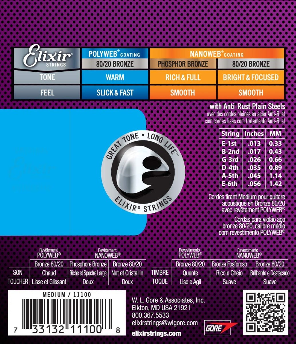 Elixir 11100 Polyweb 80/20 Bronze Acoustic Guitar Strings Medium 13-56