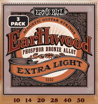 Ernie Ball Earthwood Extra Light Phosphor Bronze Acoustic Guitar Strings 3 Pk 10-50 Gauge
