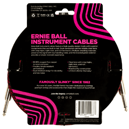 Ernie Ball 10ft Braided Straight to Straight Instrument Cable in Red Black