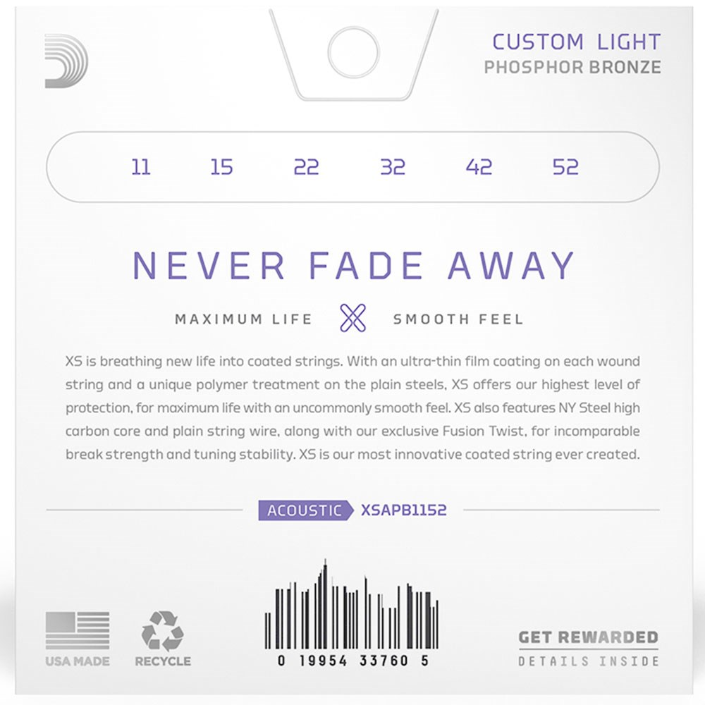 D'Addario XS Custom Light Coated Phosphor Bronze Acoustic Guitar Strings 11-52 Gauge