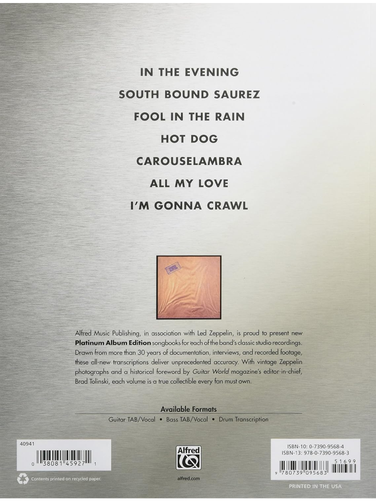 Led Zeppelin In Through the Out Door Authentic Bass TAB Alfred's Platinum Album Editions