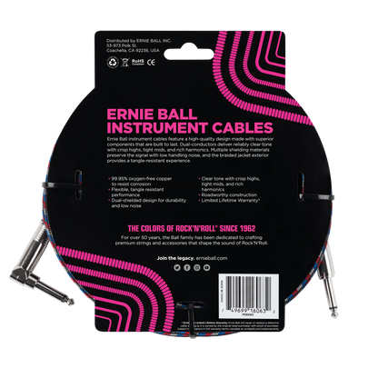 Ernie Ball P06063 Braided Straight to Right Angle Instrument Cable 25 foot in Black Red Blue White