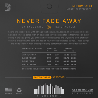 D'Addario XTB50105  XT Nickel Plated Steel Medium Long Scale Coated Bass Guitar Strings  50-105 Gauge