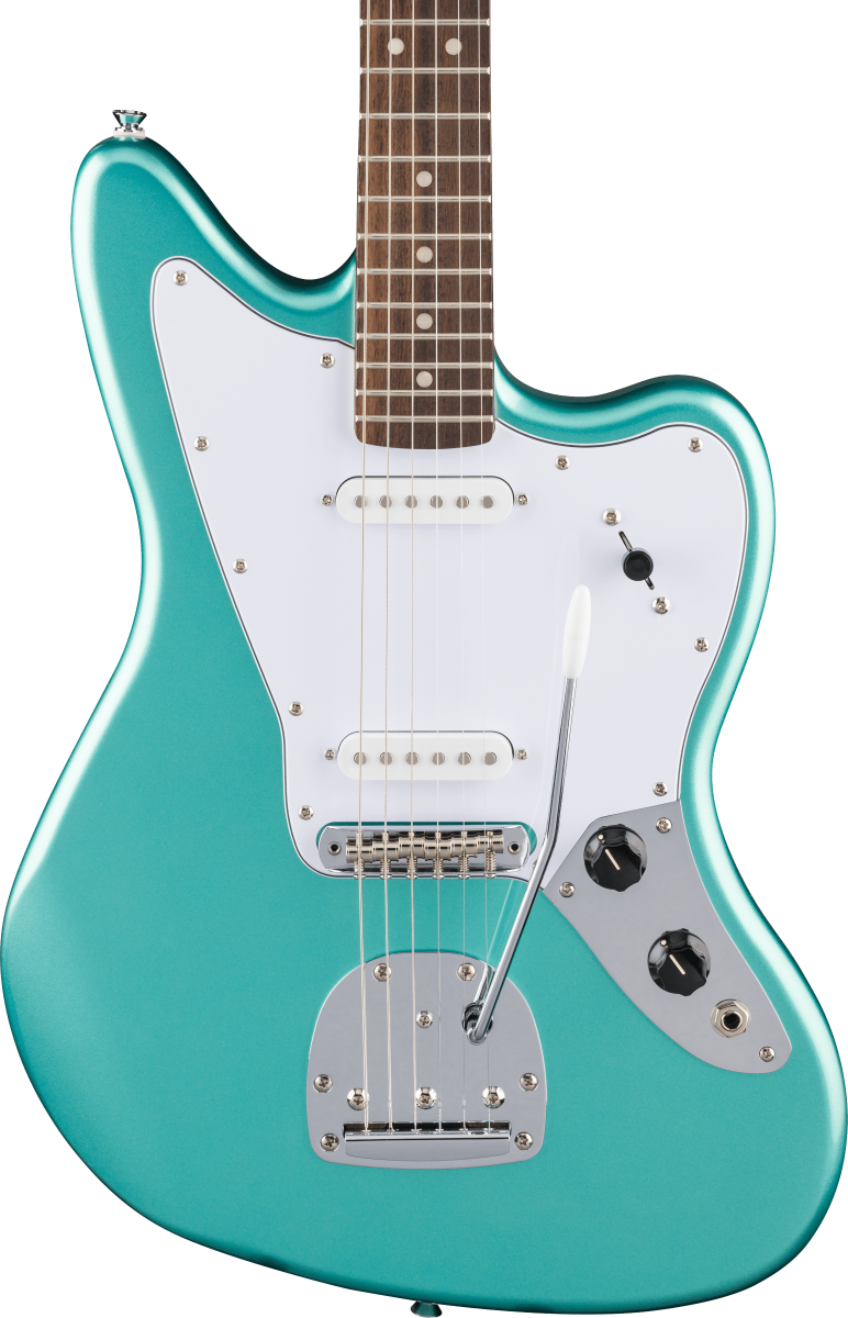 Squier FSR Affinity Series Jaguar, Laurel Fingerboard, White Pickguard in Mystic Surf Green