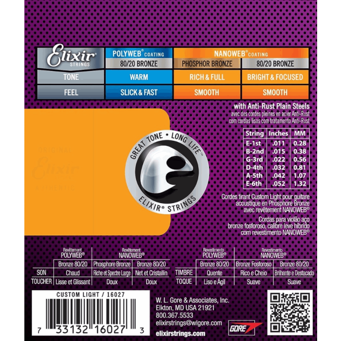 Elixir 16027 Nanoweb Phosphor Bronze Acoustic Guitar Strings Custom Light 11 52 Gauge